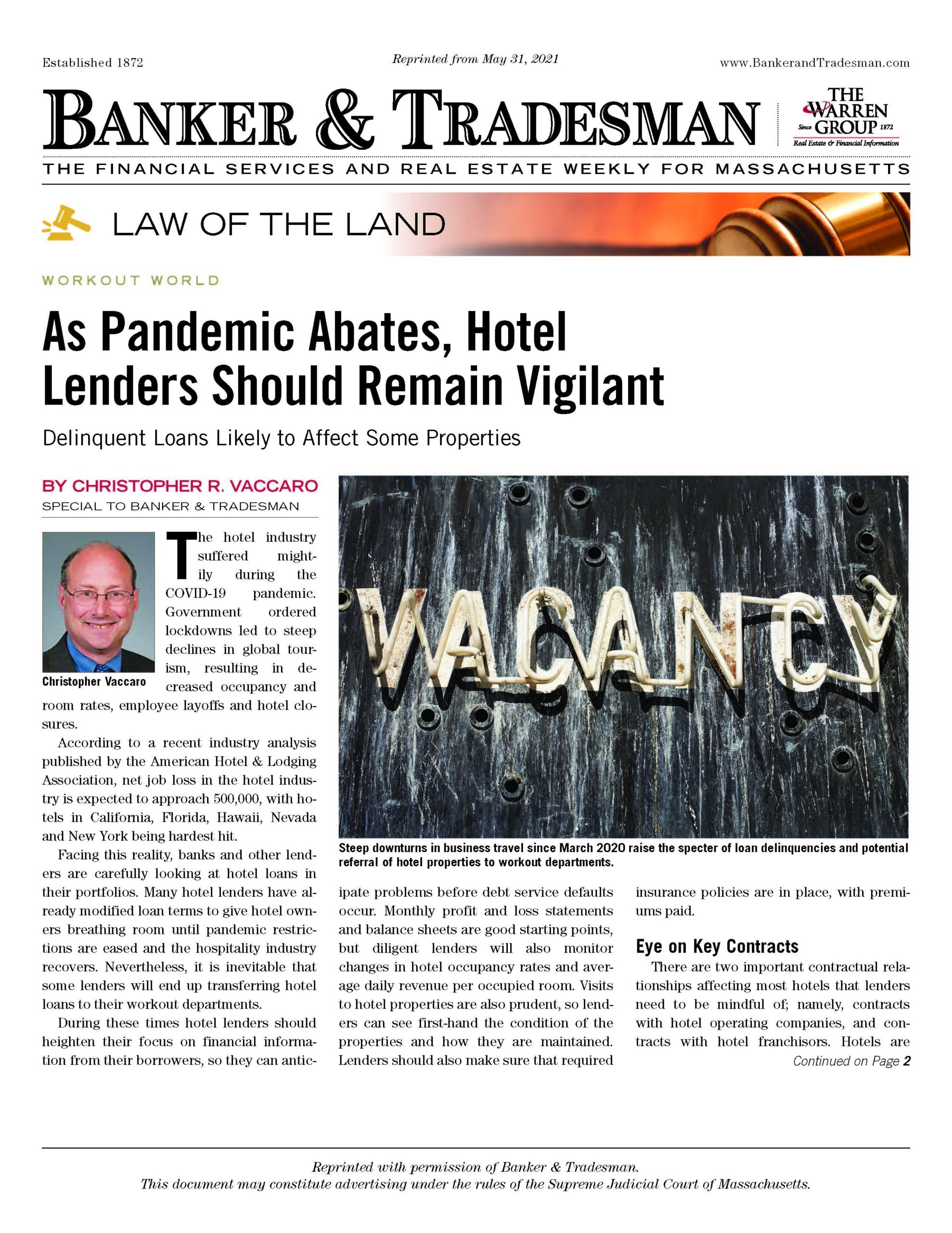 As Pandemic Abates, Hotel Lenders Should Remain Vigilant
